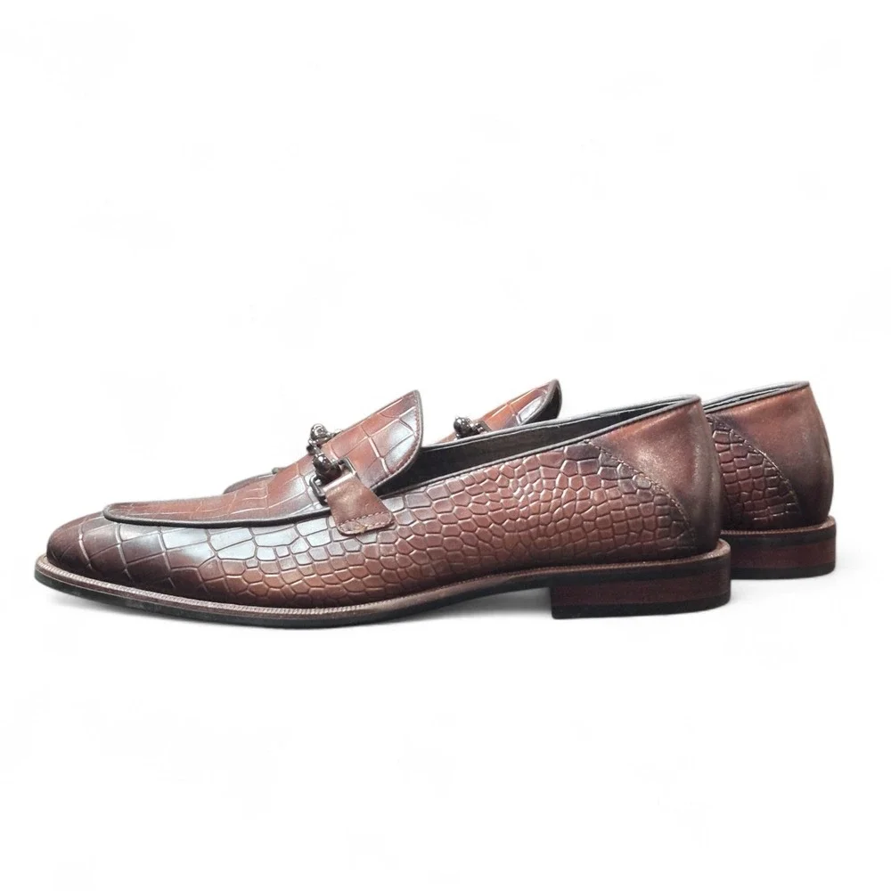Robert Graham Men's US 9 Croc Embossed Skull Bit Loafers Brown Dress‎ Shoes